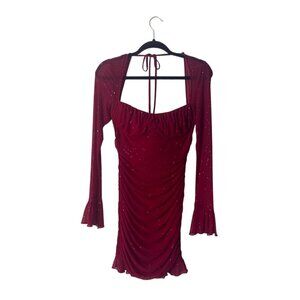 Red Ruched Long-Sleeve Sparkle Mini Dress With Bell Sleeves & Tie Back